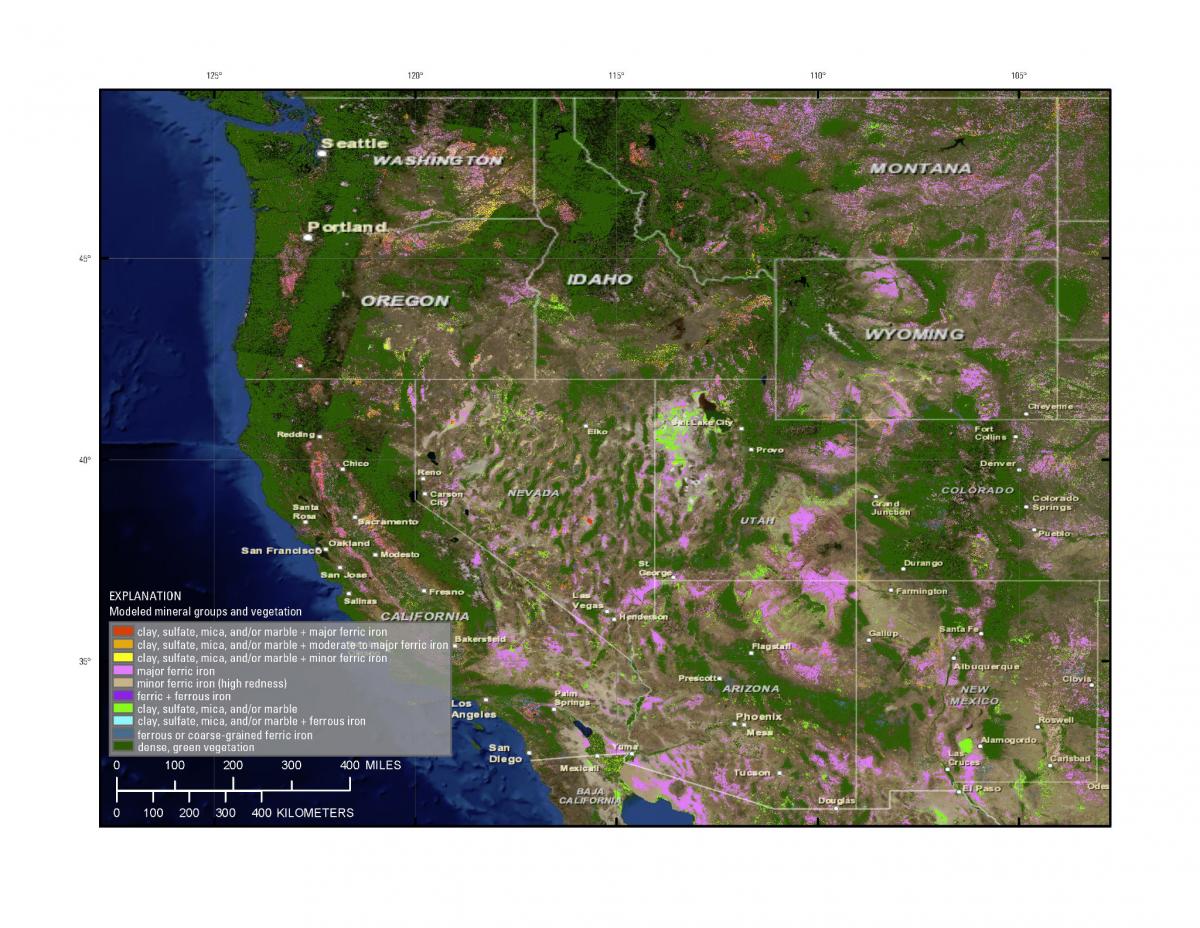 Map of mineral groups and green vegetation modeled from Landsat 7 ETM+ data covering the western United States.  